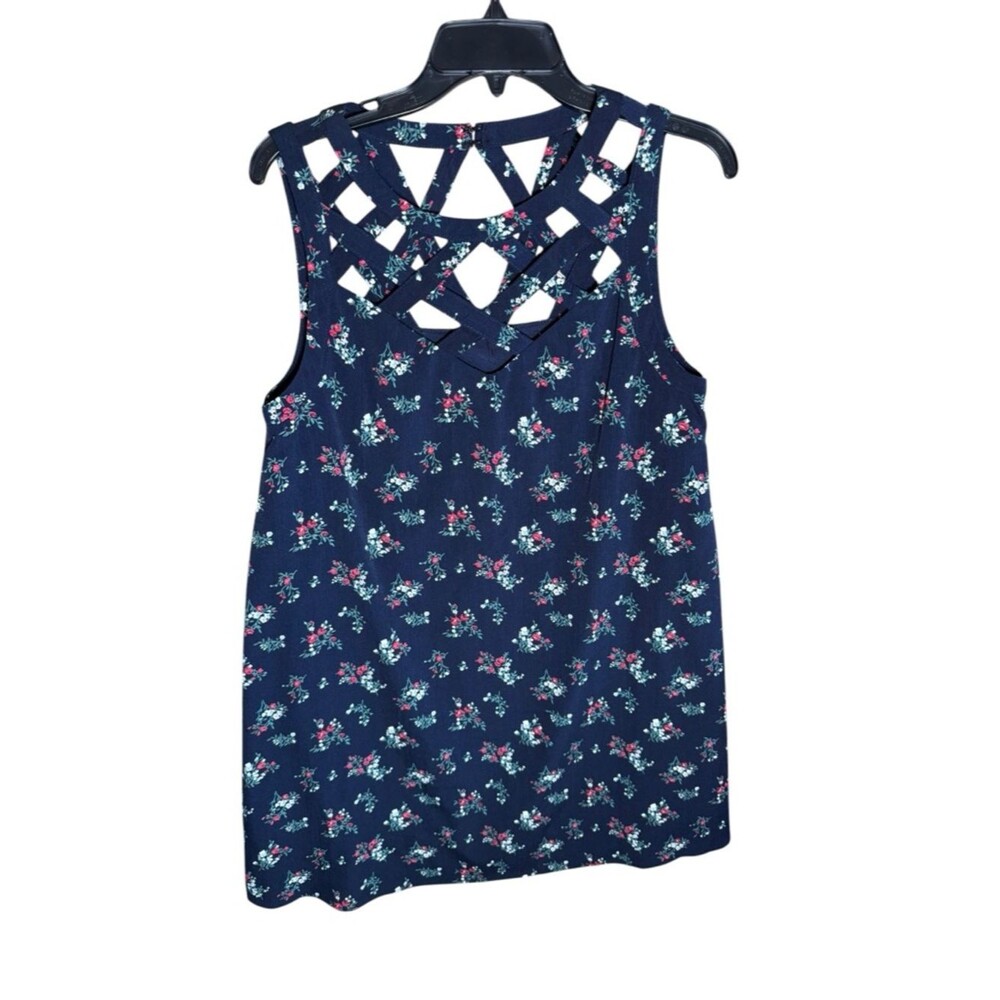 Entro Navy Blue Floral Lattice Neck Sleeveless CottageCore Dress Size Medium